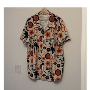 Men XL Beige Orange Black Baseball Hawaiian Polyester Button-Up Shirt